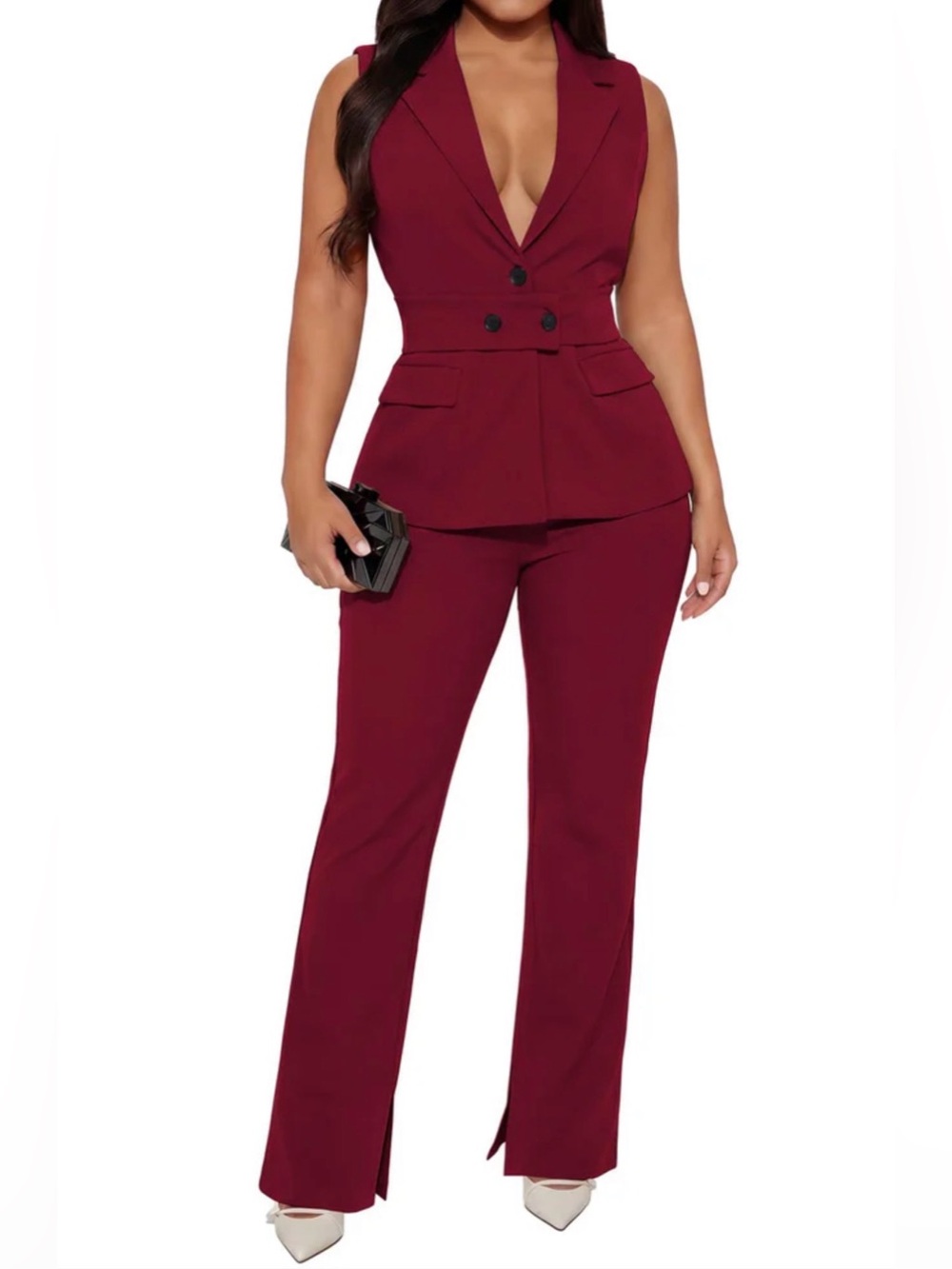 Sleeveless V-Neck Burgundy Tailored 2 piece set